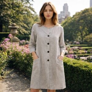 Lilibleu 100% Linen Gray Button-Front Dress Minimalist Natural Linen Tunic Dress